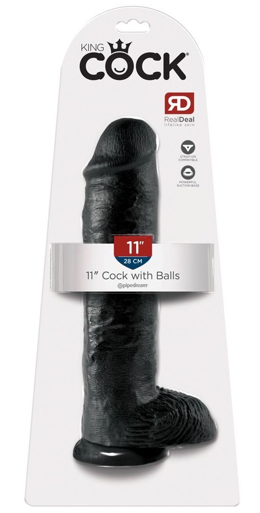 Schwarzer Dildo in Verpackung. Auf der Verpackung steht 'KING COCK' und '11" 28 CM'.