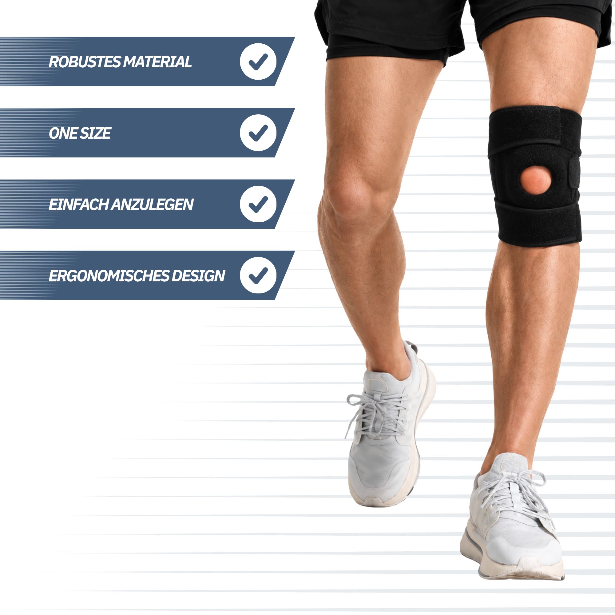 Schwarze Kniebandage mit Klettverschluss, starkem Klettband und Nähten.