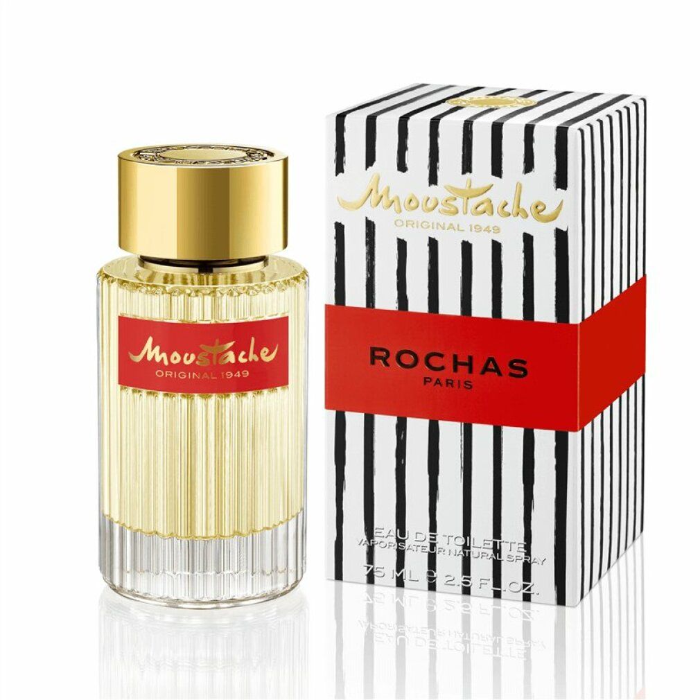 Parfümflakon und Verpackung. Flakon mit goldfarbenem Deckel und rotem Etikett. Verpackung mit Streifenmuster und Schriftzug "Rochas Paris".