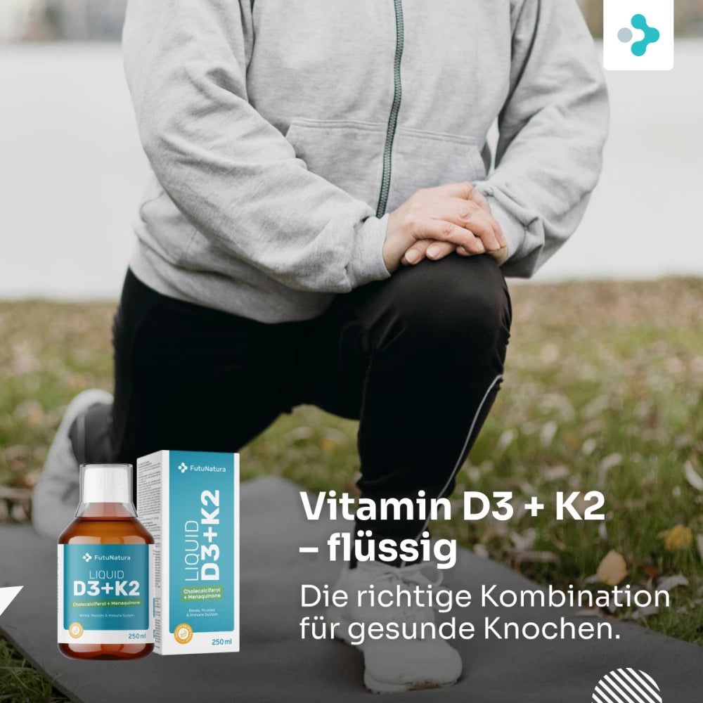 Flasche und Karton mit flüssigem Vitamin D3 + K2 (250 ml) von FutuNatura.