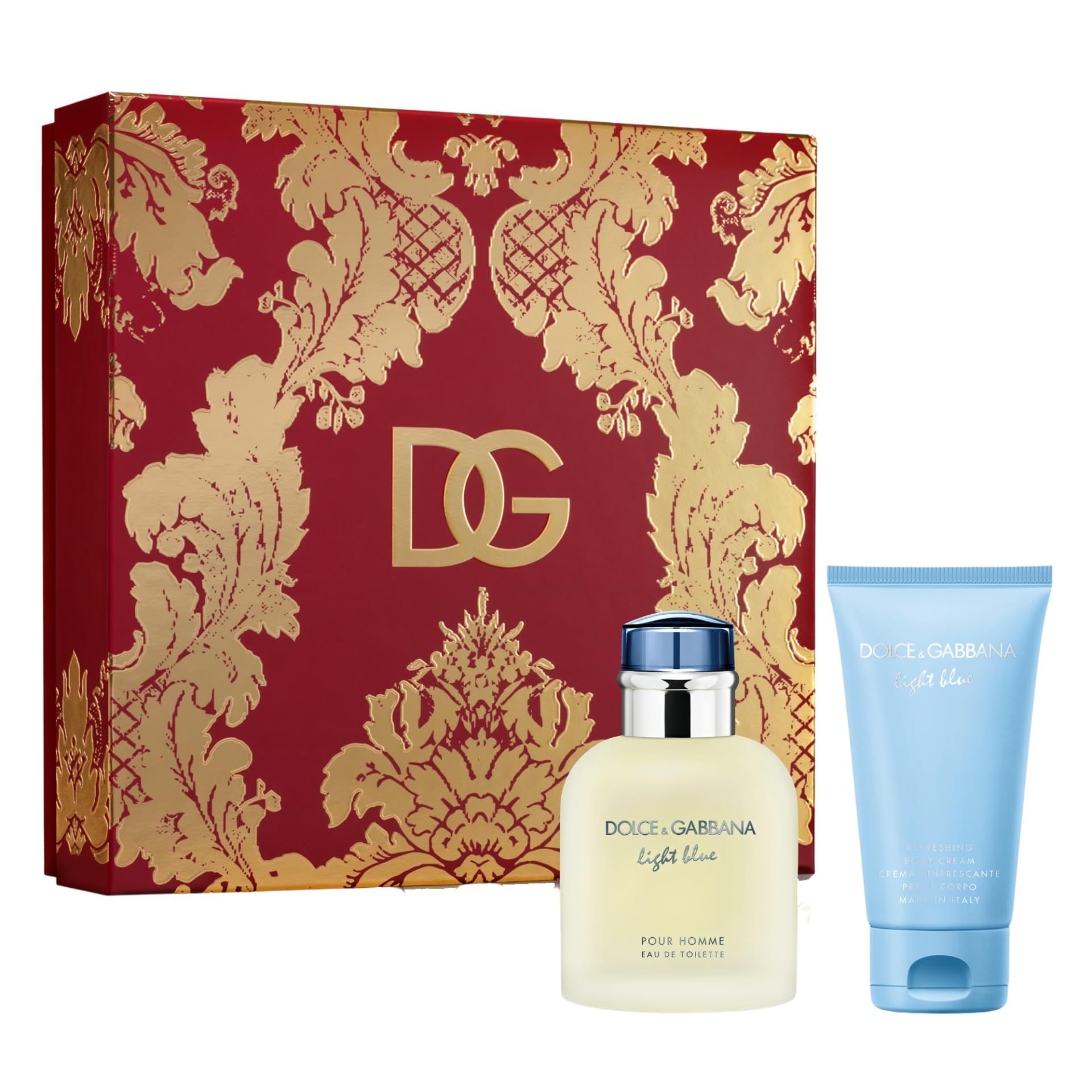 Geschenkset mit Flakon und Tube. Flakon mit blauem Deckel, Tube hellblau. Roter Karton mit goldenem Muster und DG-Logo.