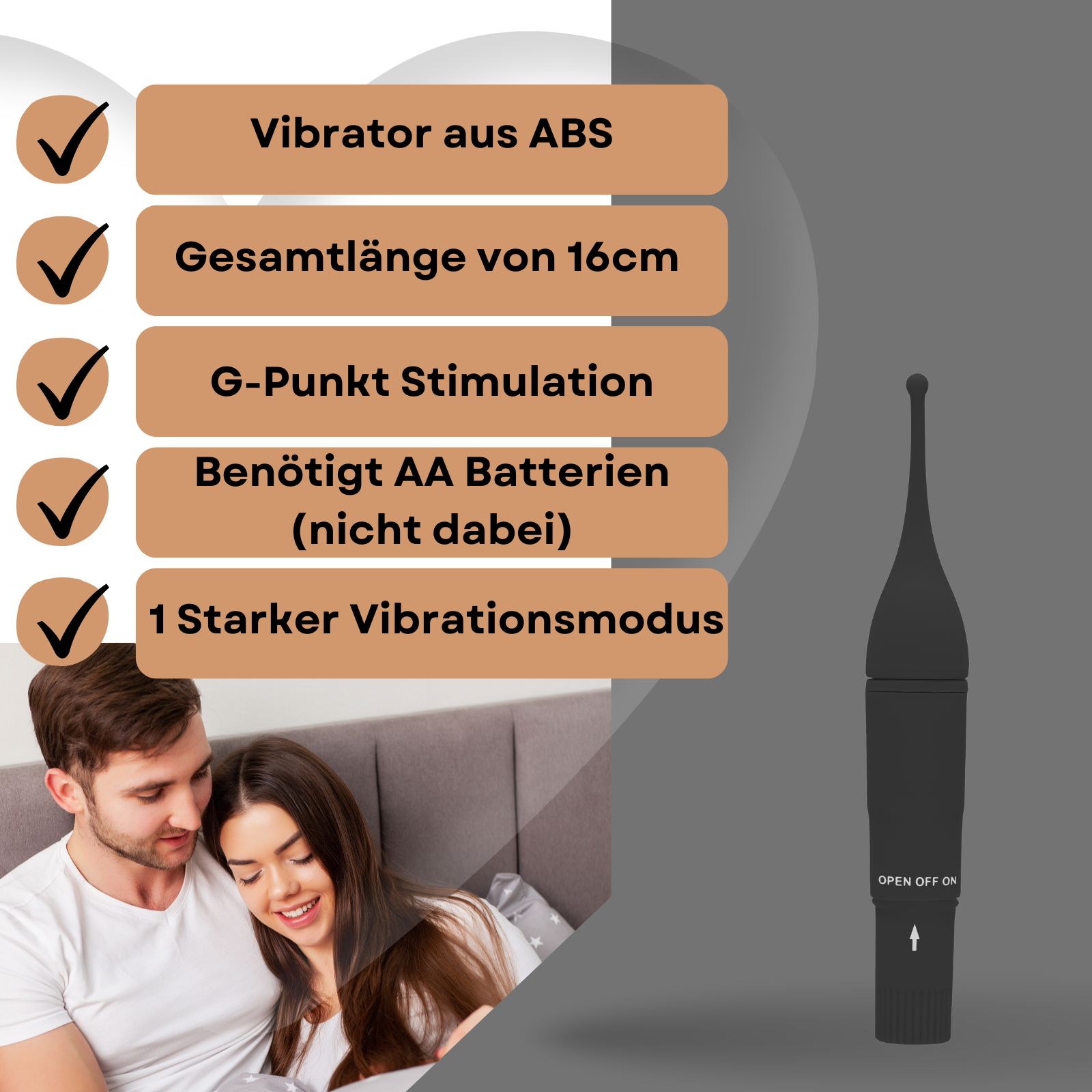 Wellness-Produkt neben Paar im Bett. Text: Vibrator aus ABS, 16cm, G-Punkt, AA Batterien, 1 Vibrationsmodus.