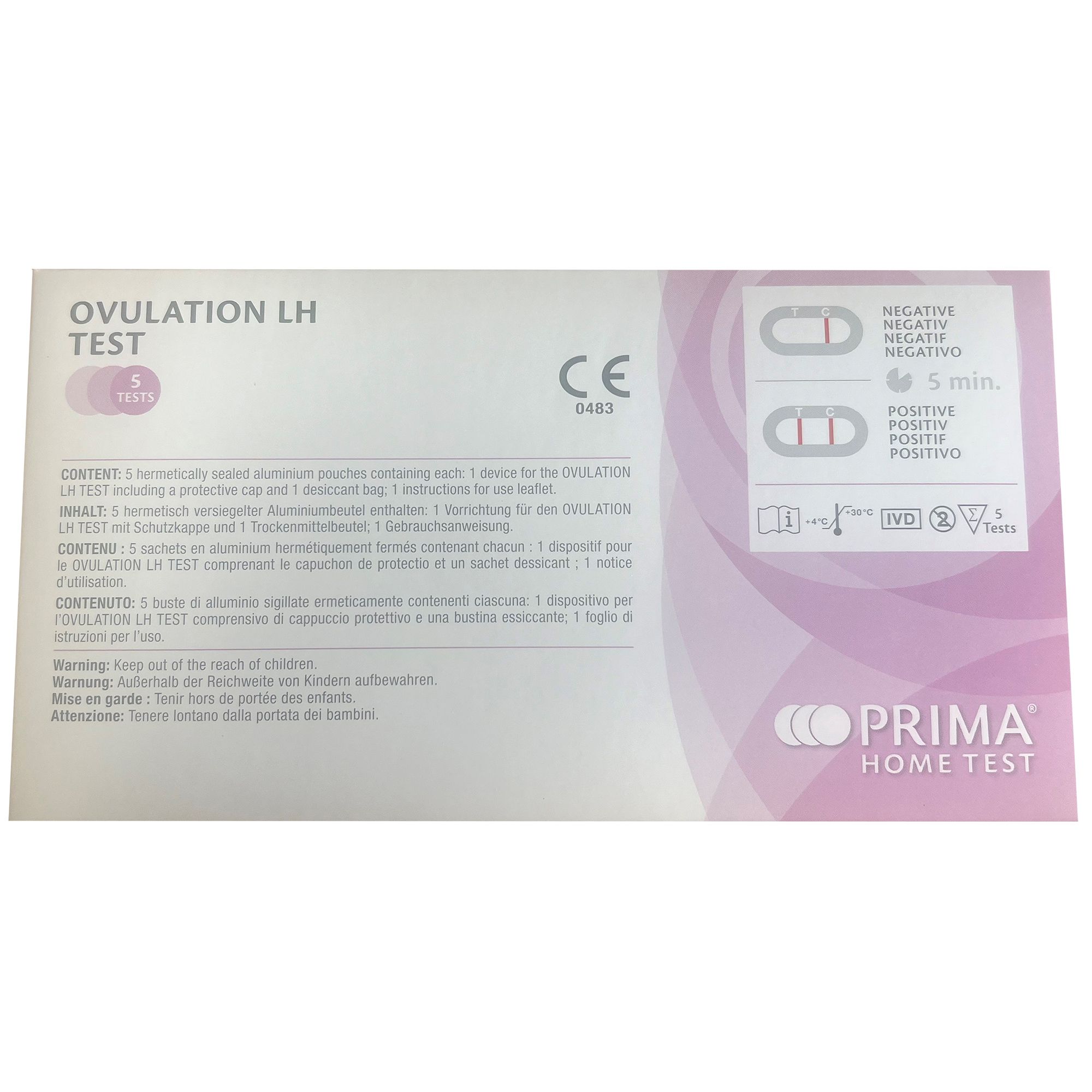Verpackung PRIMA Ovulation LH Test. Enthält 5 Tests, CE-Kennzeichnung. Anweisungen in mehreren Sprachen.