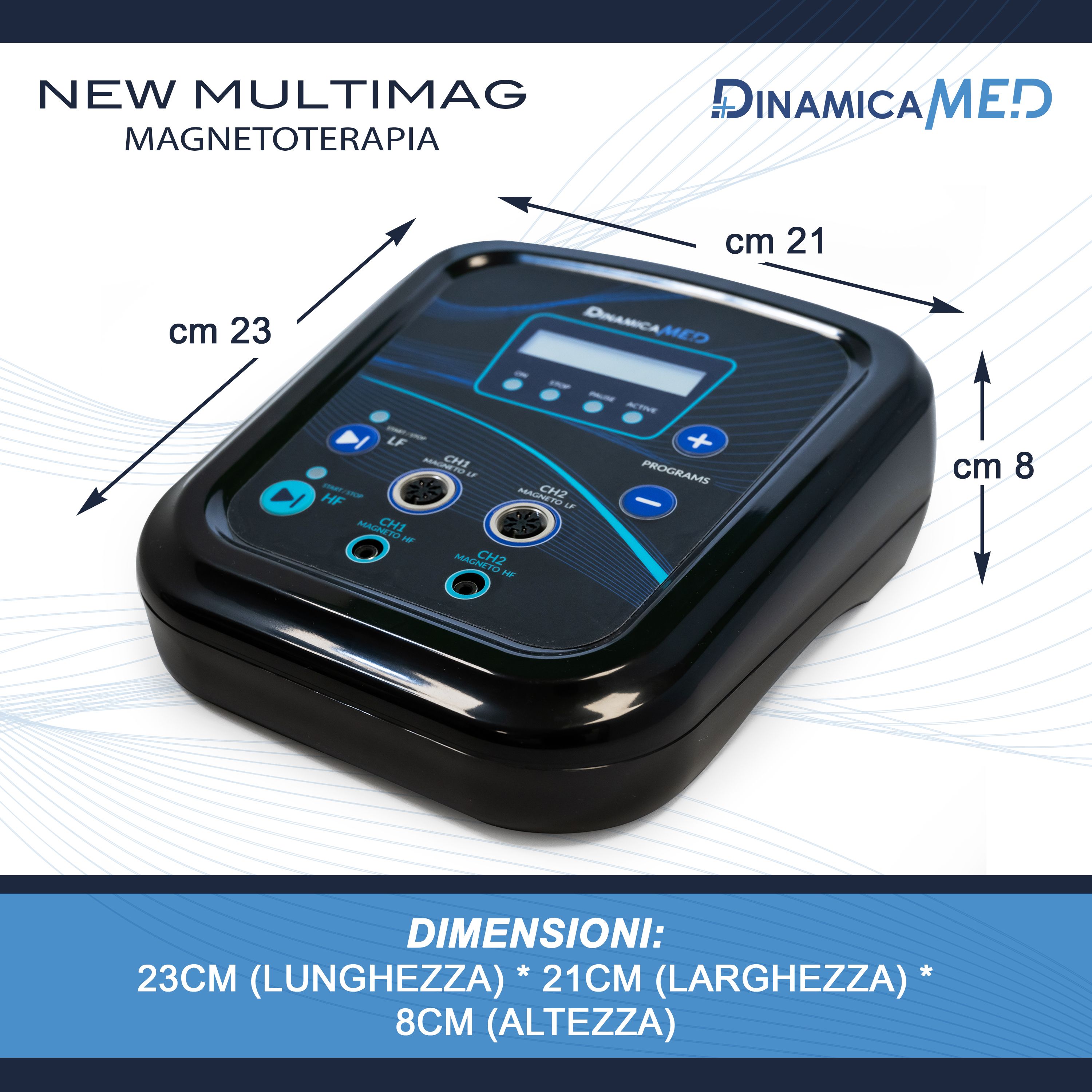 Magnetfeldtherapiegerät mit Abmessungen: 23cm Länge, 21cm Breite, 8cm Höhe.
