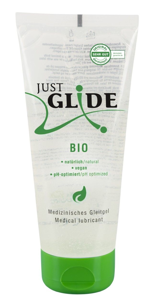 Just Glide Bio Gleitgel Tube mit Siegel 'Original sehr gut dermatest'.