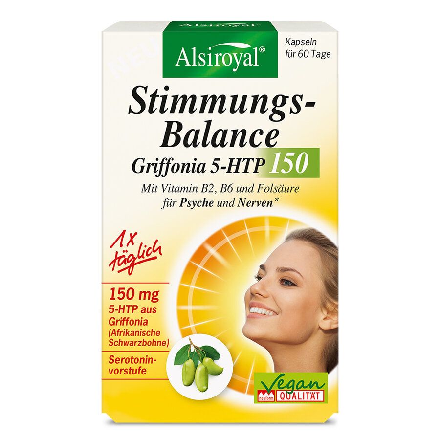 Verpackung von Alsiroyal Stimmungs-Balance Griffonia 5-HTP 150. Enthält Kapseln. Mit Vegan-Qualitätssiegel.