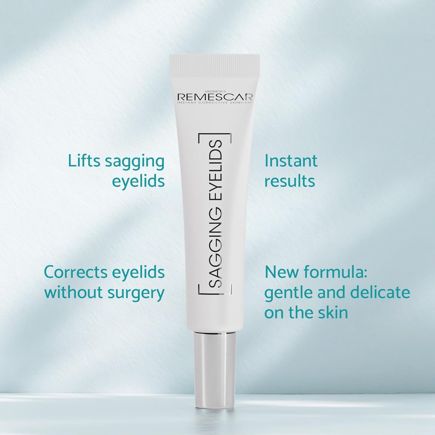 Tube Remescar Schlupflider Augencreme. Text: 'Lifts sagging eyelids', 'Instant results', 'New formula'.