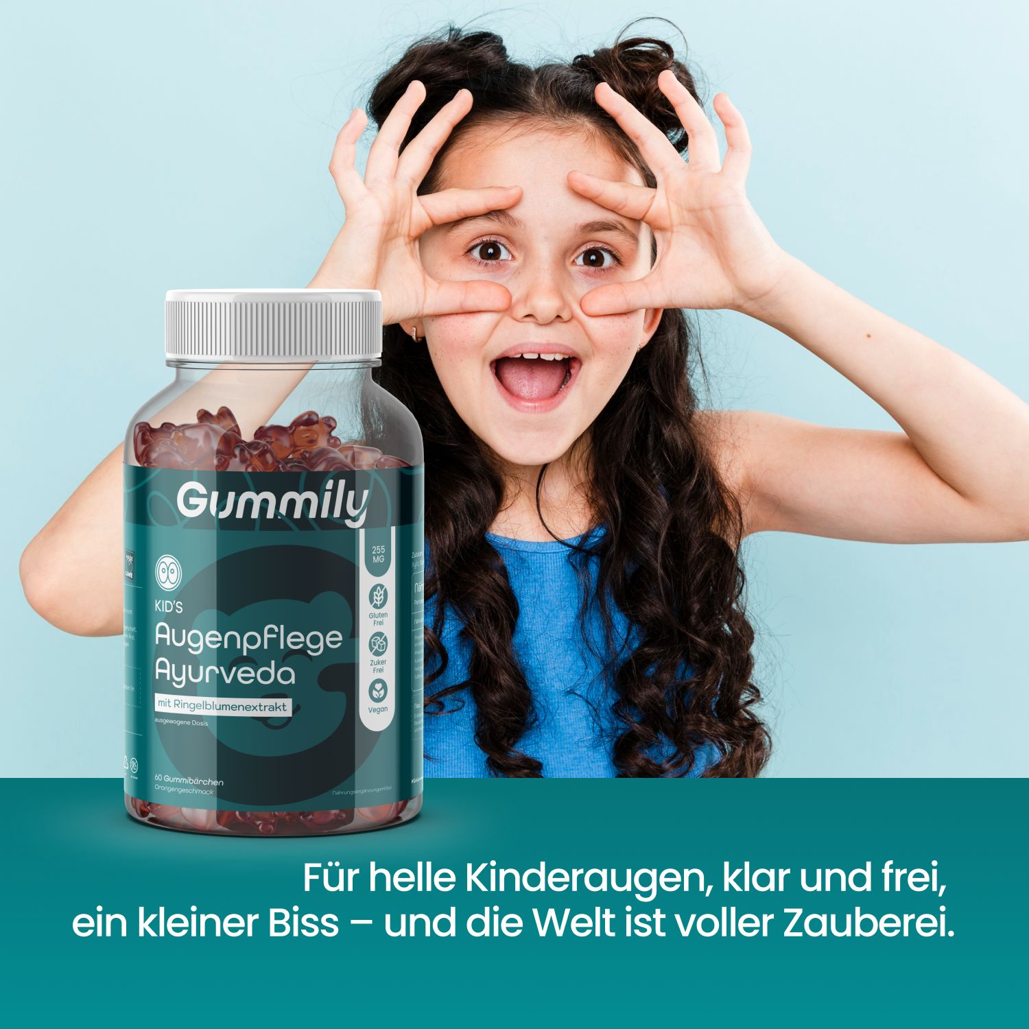 Mädchen mit Gummily-Flasche. Text: Augenpflege Ayurveda. Für helle Kinderaugen. Gummibärchen-Packung.