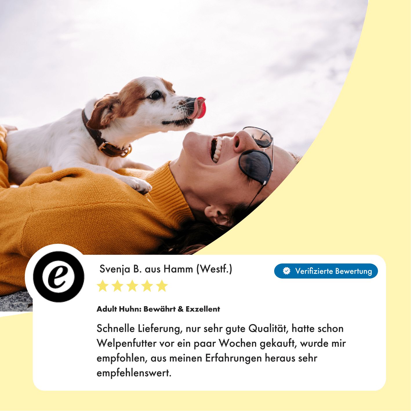 Kundenbewertung für Hundefutter 'Adult Huhn' mit einem Hund und einem lächelnden Besitzer.