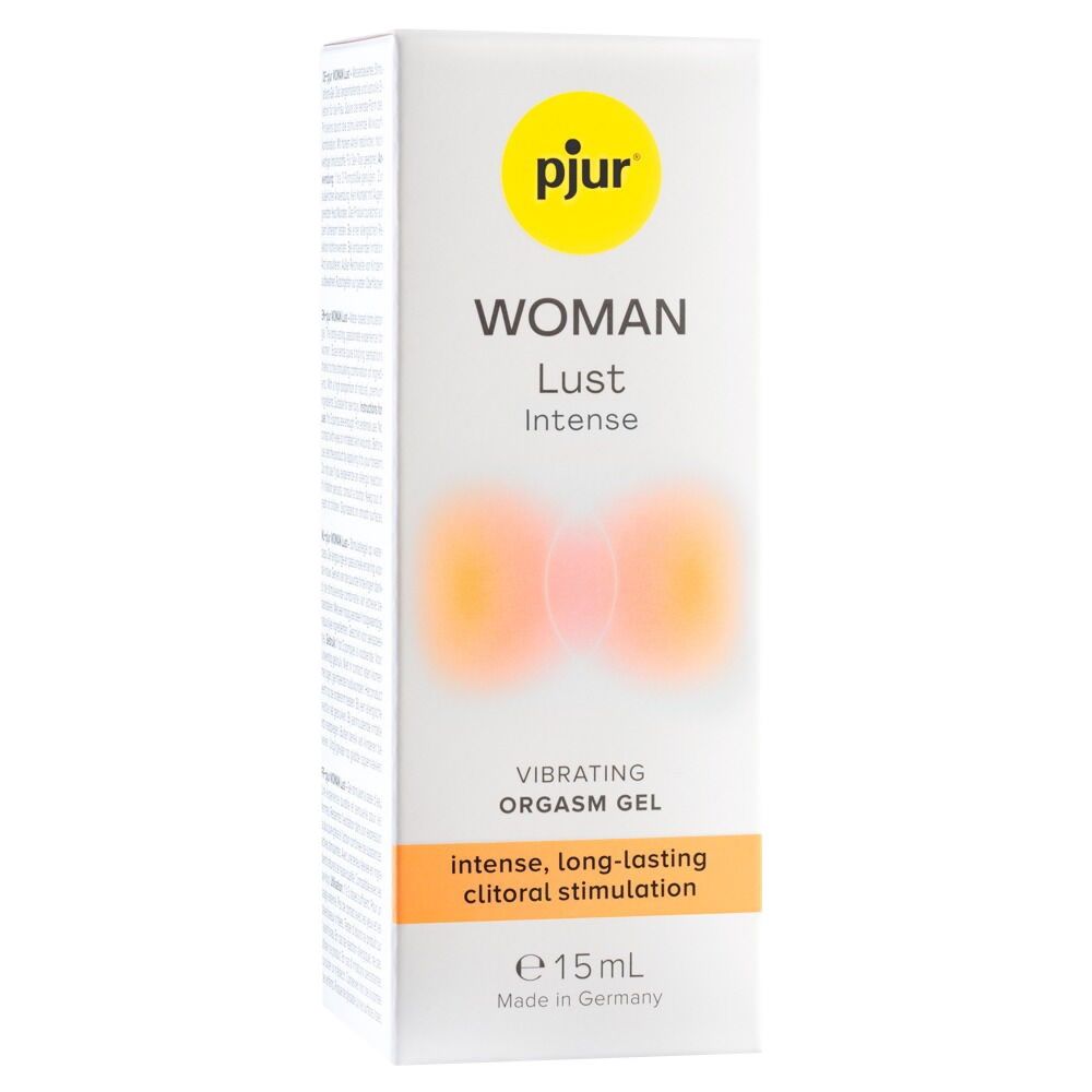 Karton mit Produktnamen und Logo. Text: WOMAN Lust Intense, Vibrating Orgasm Gel, intense, long-lasting clitoral stimulation, e 15ml.