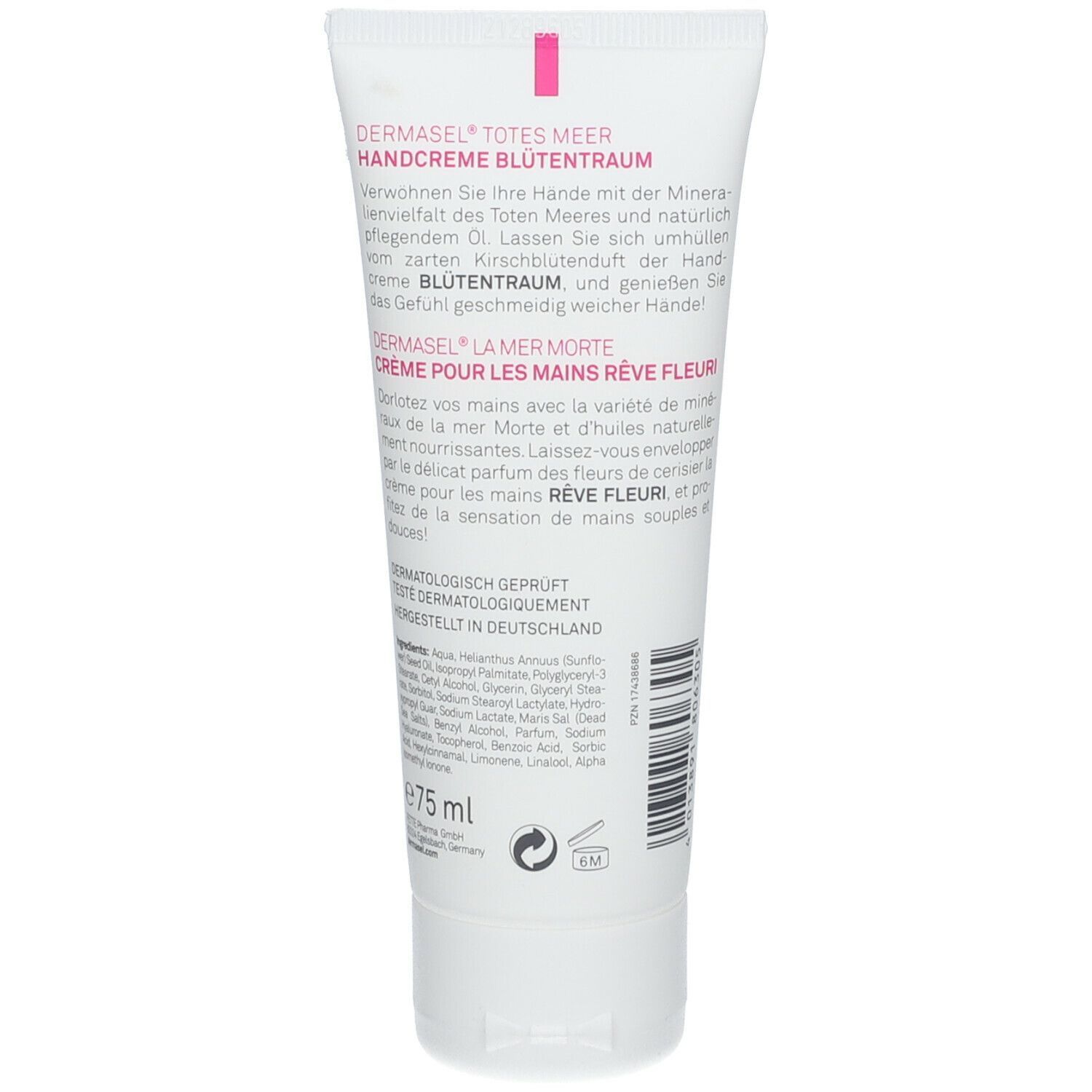 Handcreme-Tube, weiß, mit rosa Akzenten. Text: DERMASEL, Totes Meer Blütentraum. Dermatologisch geprüft. 75 ml.