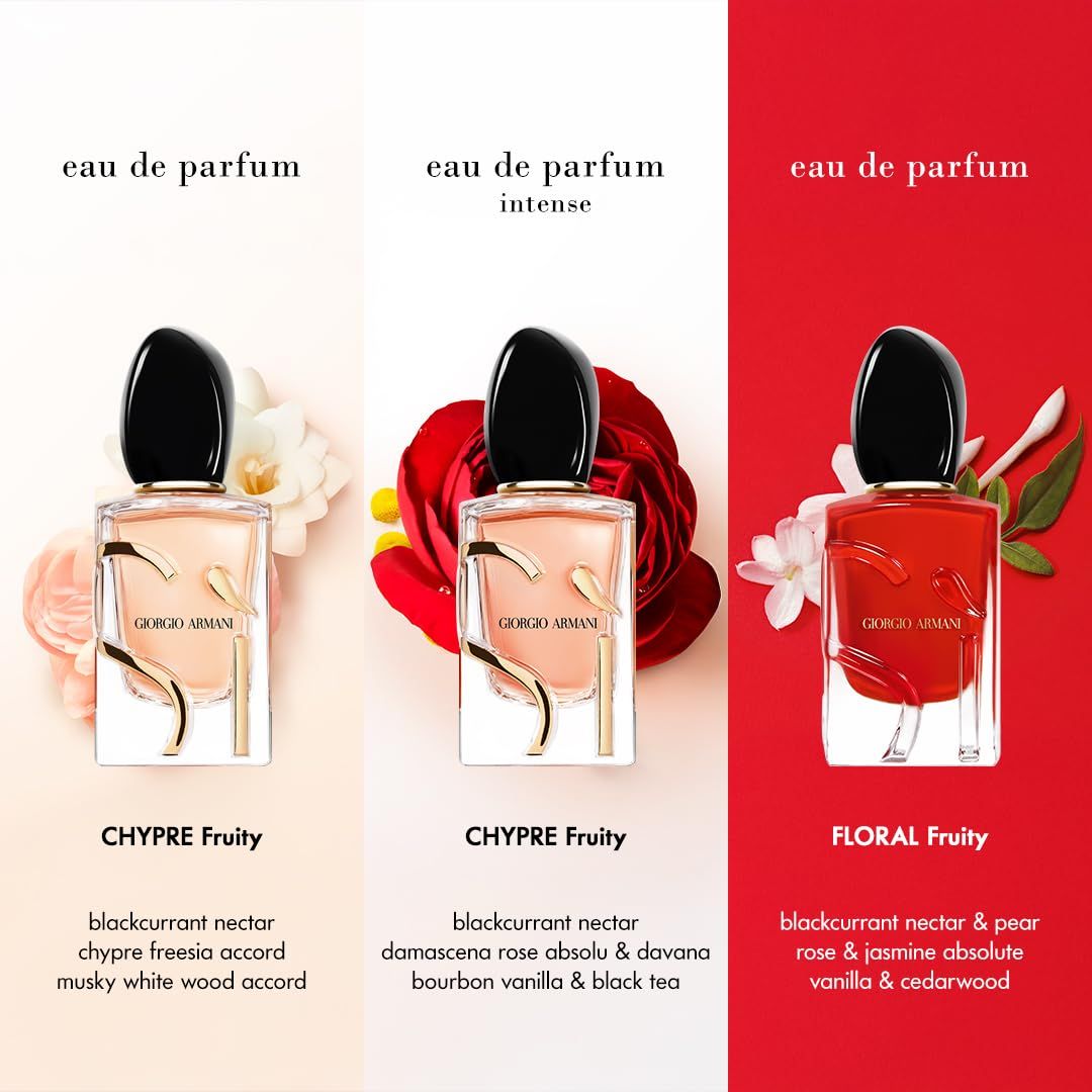 Giorgio Armani Si Eau de Parfum, Eau de Parfum Intense und Eau de Parfum. Flakons mit schwarzen Deckeln und Inhaltsstoffen.