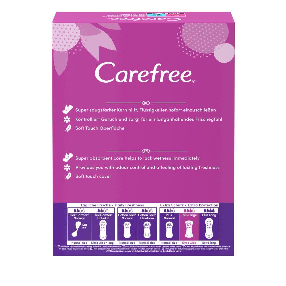 Carefree Verpackung, Rückseite. Produktinformationen und Größenangaben. Rosa und lila Farben.