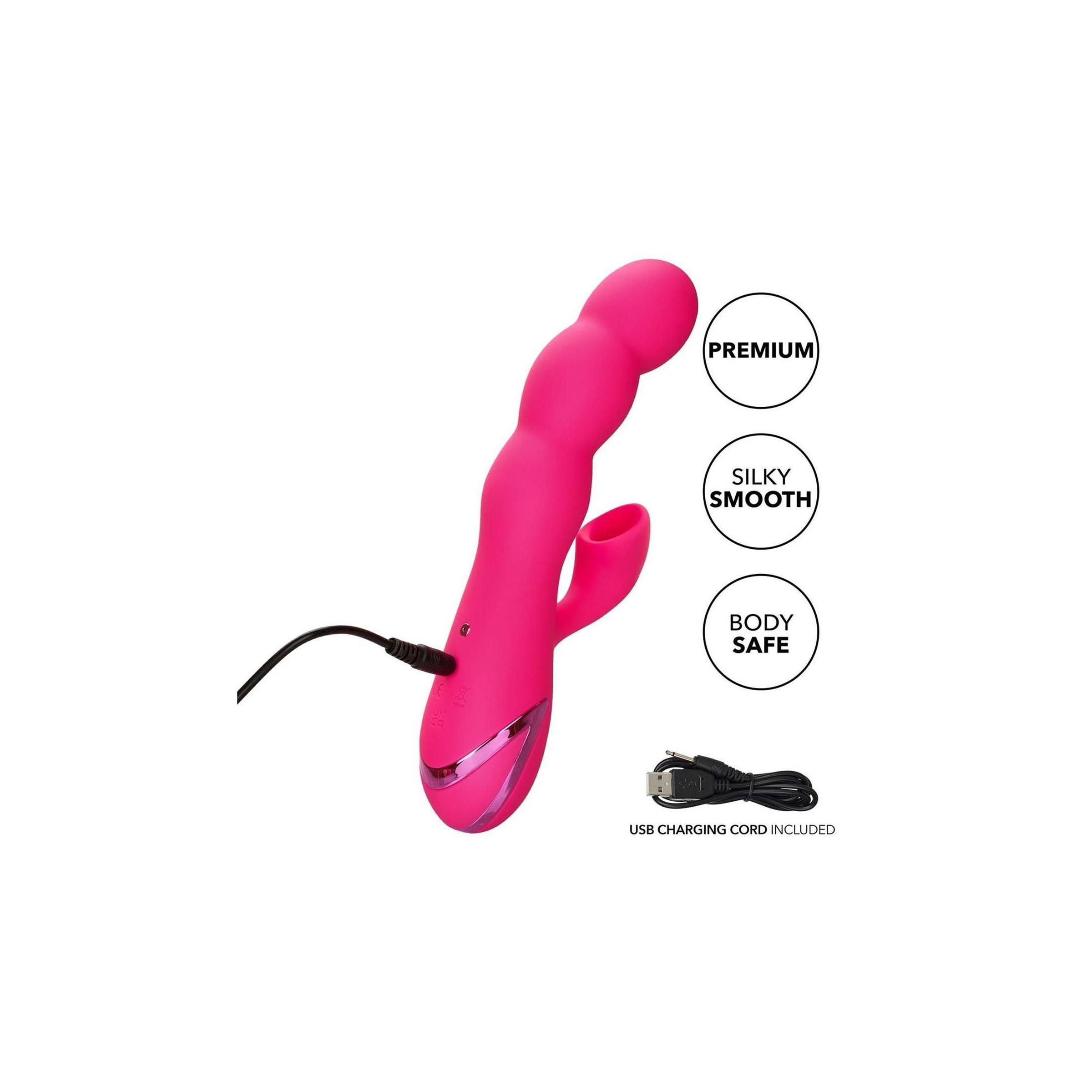Pinkfarbenes Wellness-Produkt mit USB-Ladekabel. Text: Premium, Silky Smooth, Body Safe.