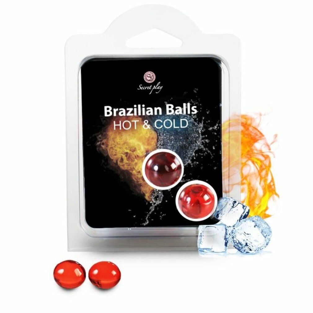 Zwei rote Kugeln neben der Blisterverpackung mit 'Brazilian Balls HOT & COLD'. Eiswürfel und Flammen-Grafik.