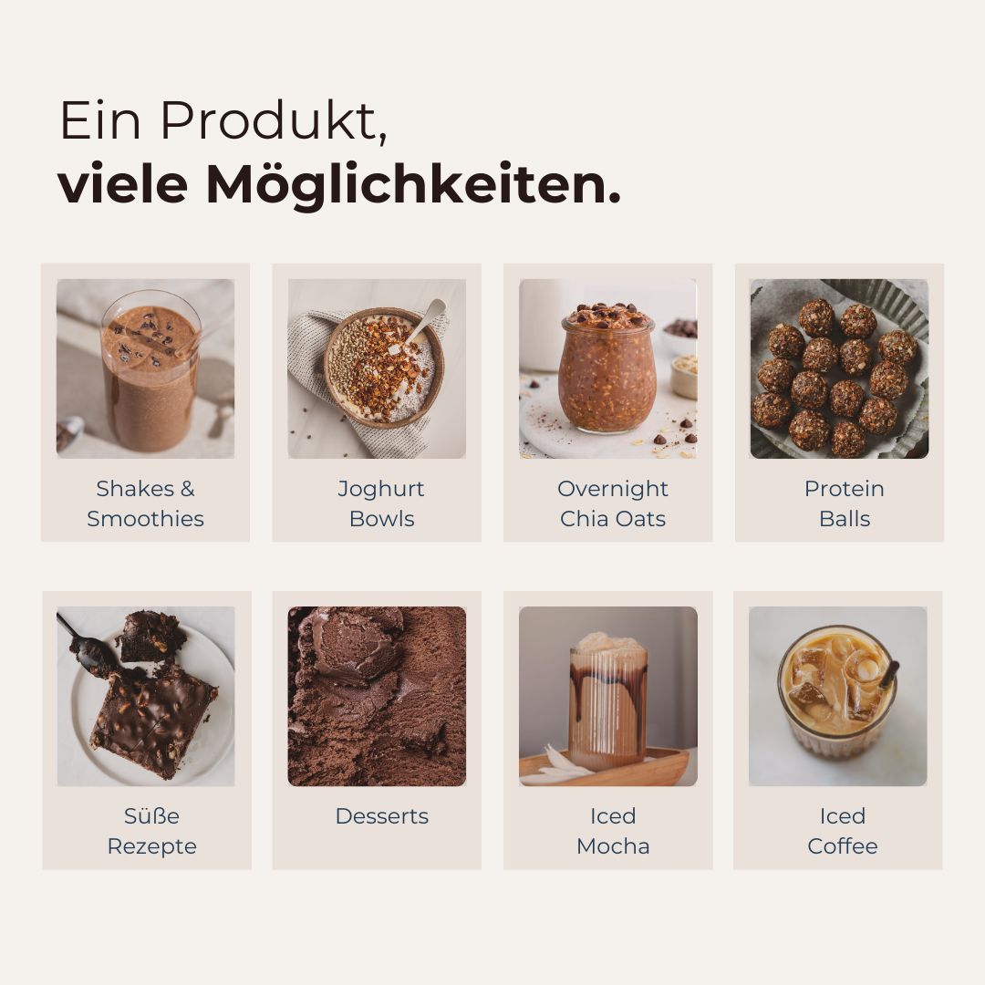 Verschiedene Möglichkeiten mit TWONATURALS VEGAN PROTEIN+: Shakes, Joghurt Bowls, Overnight Chia Oats, Protein Balls, süße Rezepte, Desserts, Iced Mocha, Iced Coffee.