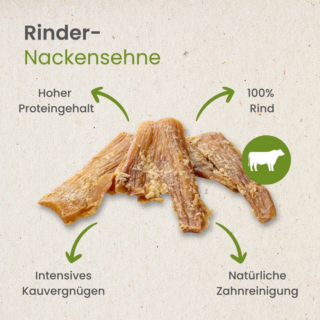 Drei getrocknete Rinder-Nackensehnen, hellbraun und faserig.
