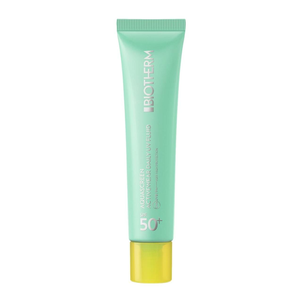 Türkisfarbene Tube mit gelbem Verschluss. BIOTHERM, Aquascreen Activewear Daily UV Fluid SPF 50+.