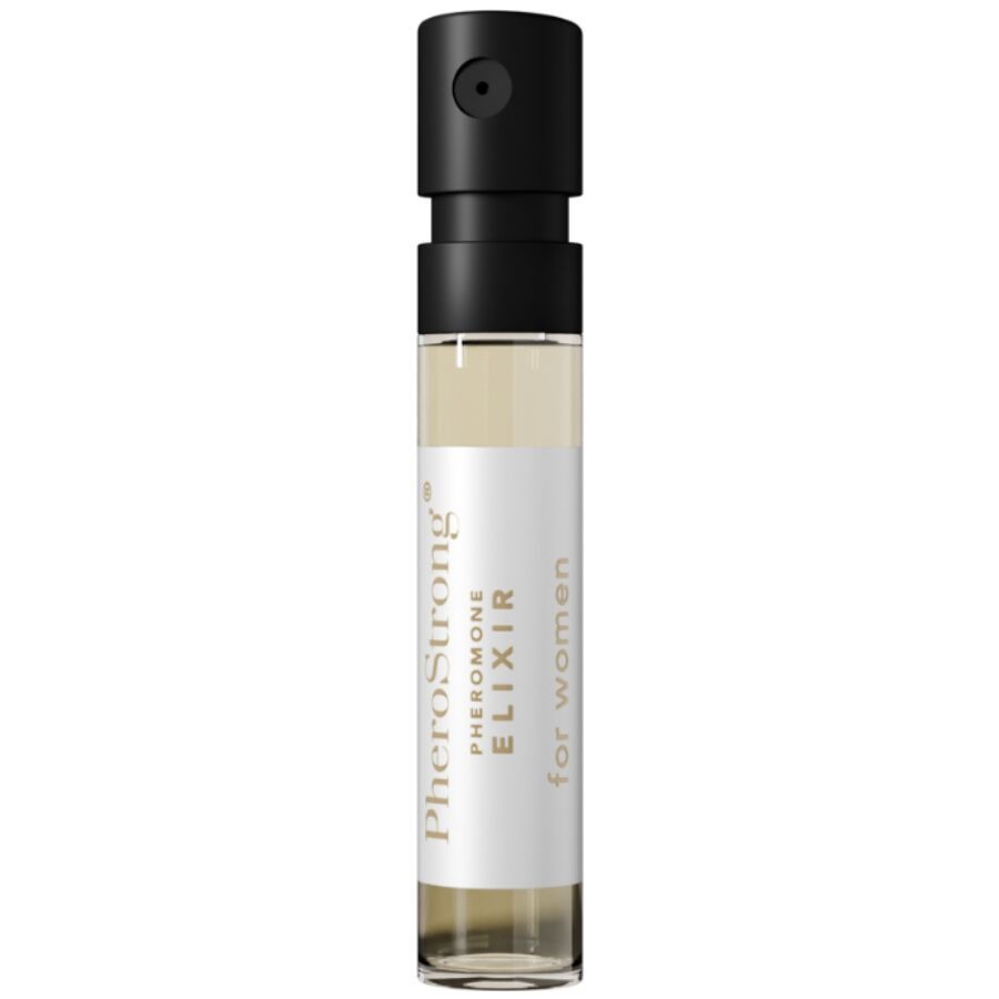 PheroStrong Elixir für Frauen, Pheromon-Parfum in einem kleinen Glasfläschchen mit Sprühkopf.