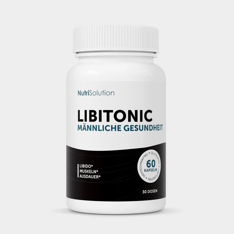 Weiße Flasche mit Schraubverschluss. Aufschrift: Libitonic, männliche Gesundheit. 60 Kapseln, 30 Dosen. Glutenfrei.