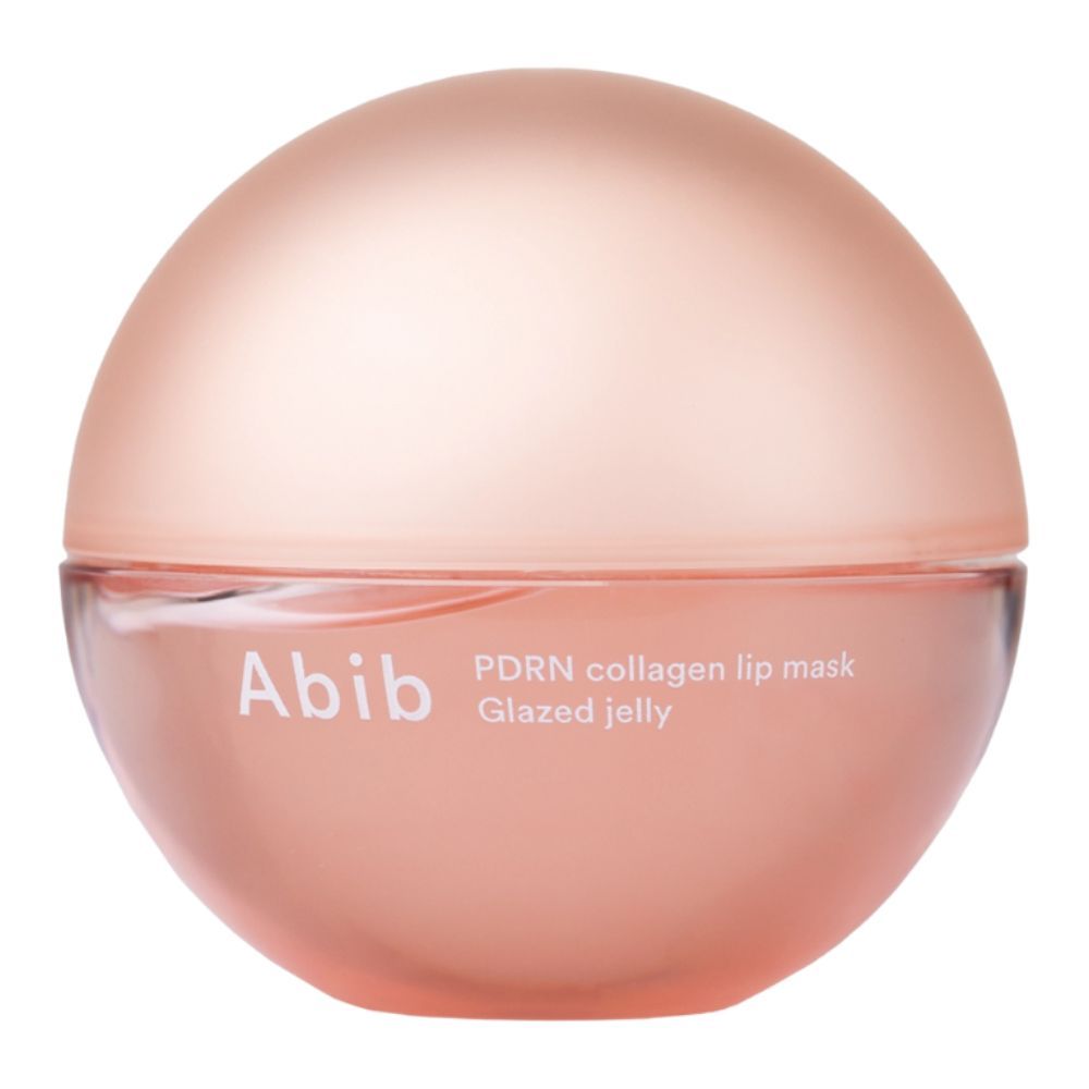 Abib PDRN Collagen Lippenmaske Glazed Jelly in runder, transparenter Dose mit rosa Deckel.