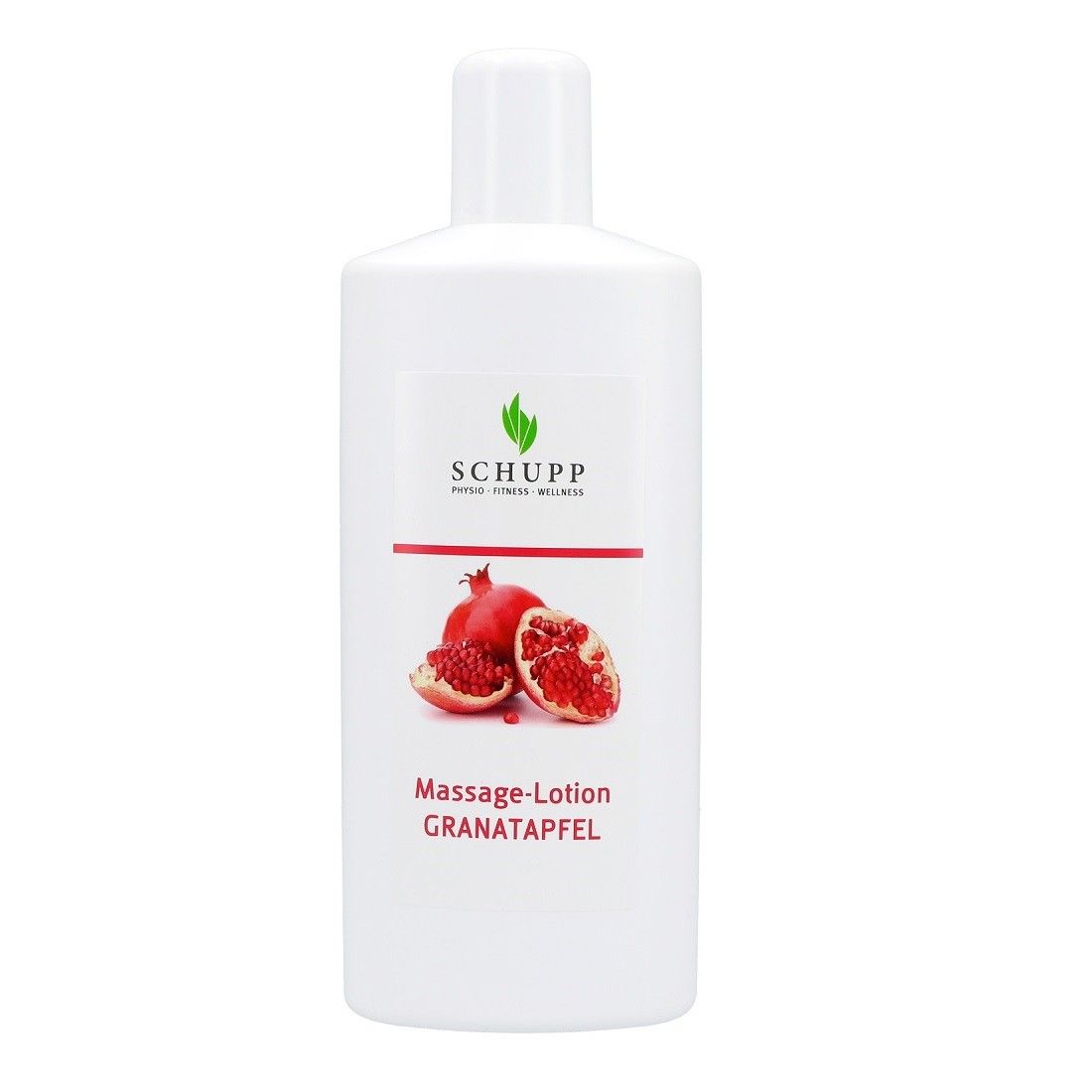 Weiße Flasche mit Etikett. Darauf: Logo, Granatapfel-Abbildung und Schriftzug Massage-Lotion Granatapfel.