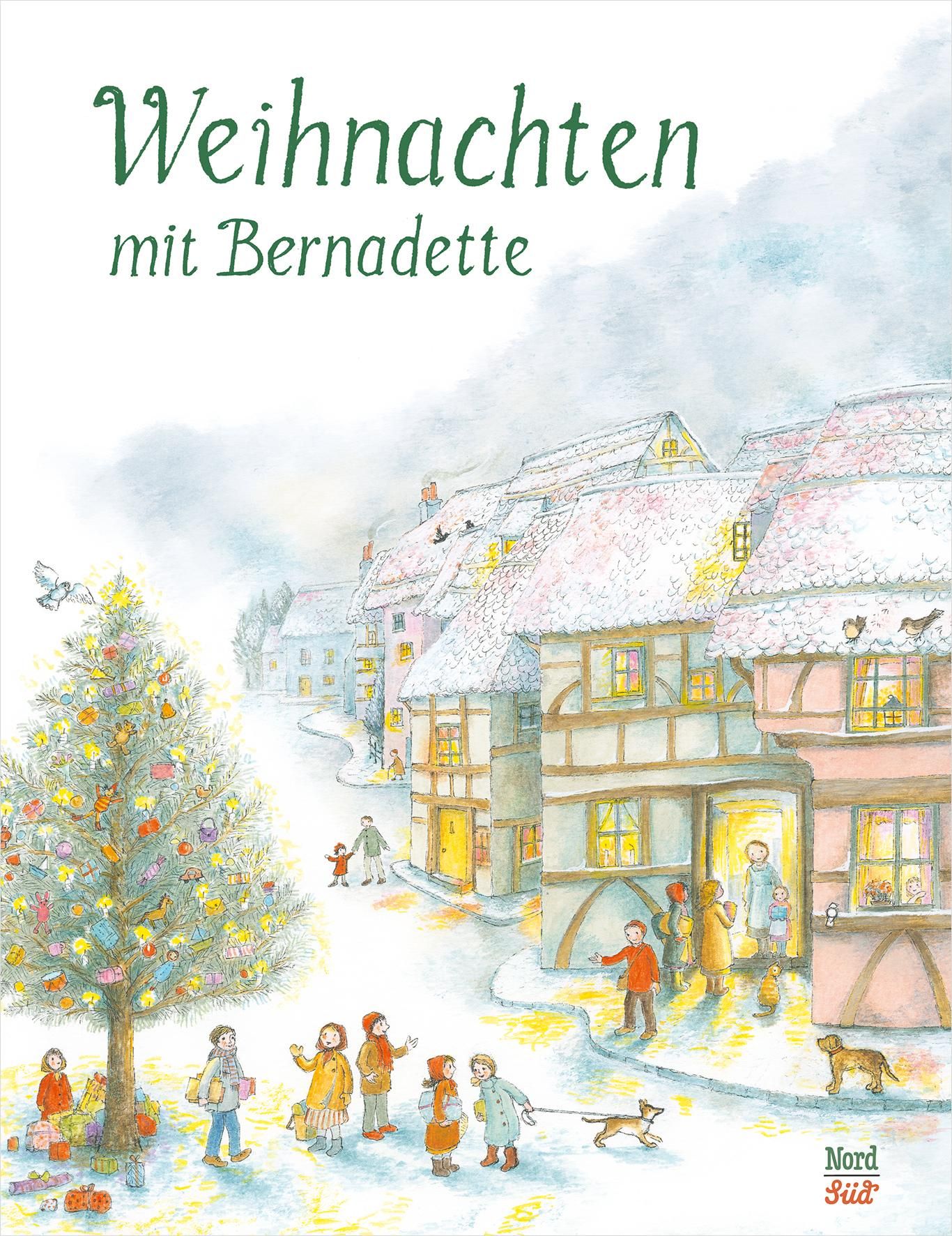 Buchcover mit Titel "Weihnachten mit Bernadette". Illustration einer verschneiten Stadt mit Menschen und Weihnachtsbaum. Verlag NordSüd.