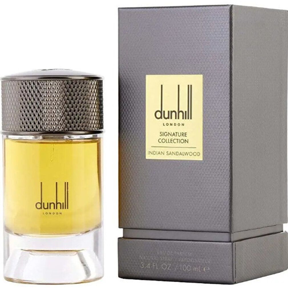 Parfümflakon und Schachtel. Flakon mit braunem Deckel und klarer Basis. Schachtel mit goldfarbenem Etikett und Produktnamen. "dunhill LONDON".