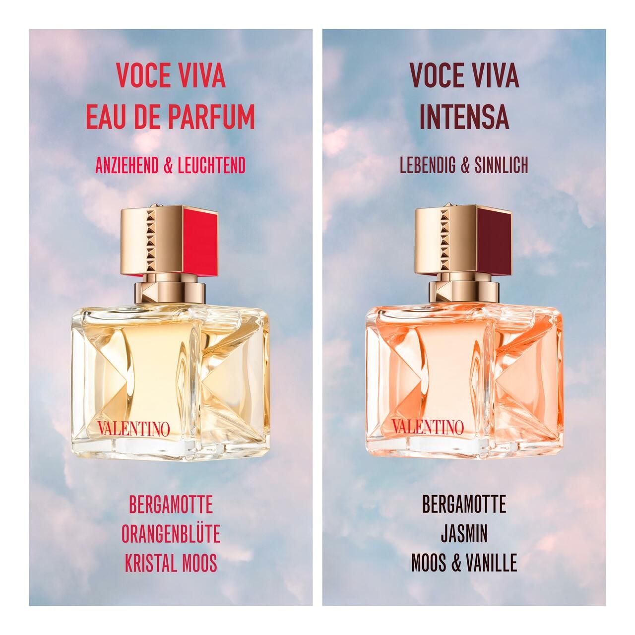 Zwei Parfümflakons mit Text. Aufschrift: VOCE VIVA. Goldfarbene Verschlüsse. Produktpräsentation.