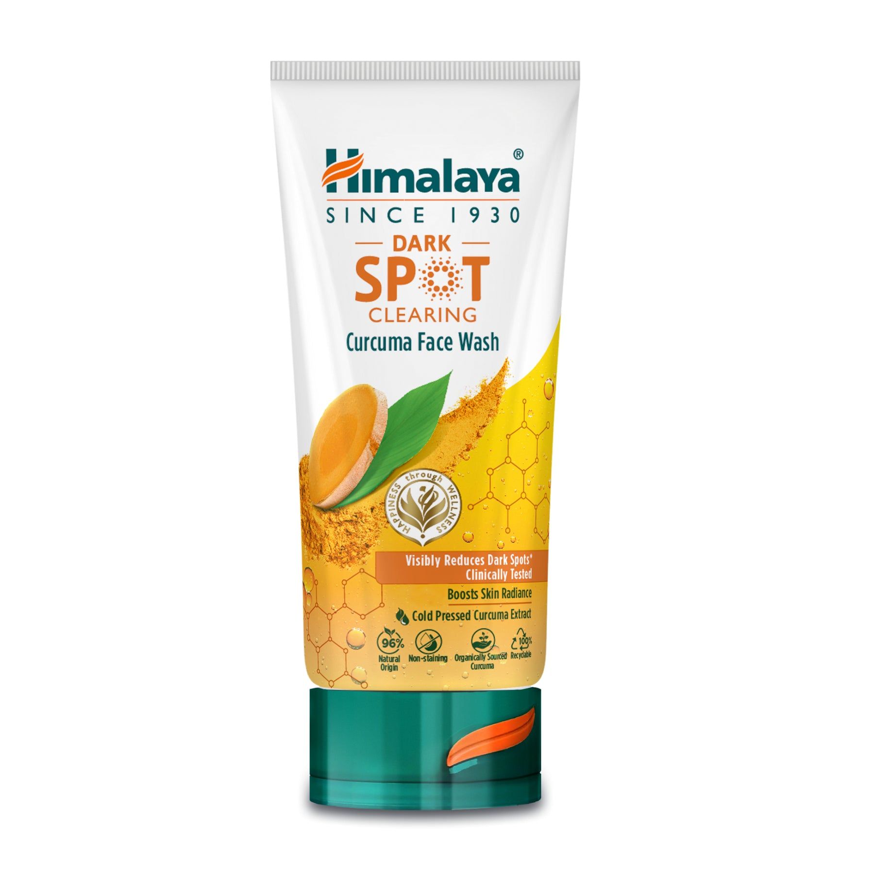 Weiß-grüne Tube mit Produkt. Aufschrift Himalaya, Dark Spot Clearing, Curcuma Face Wash. Abbildung von Kurkuma und Blättern.