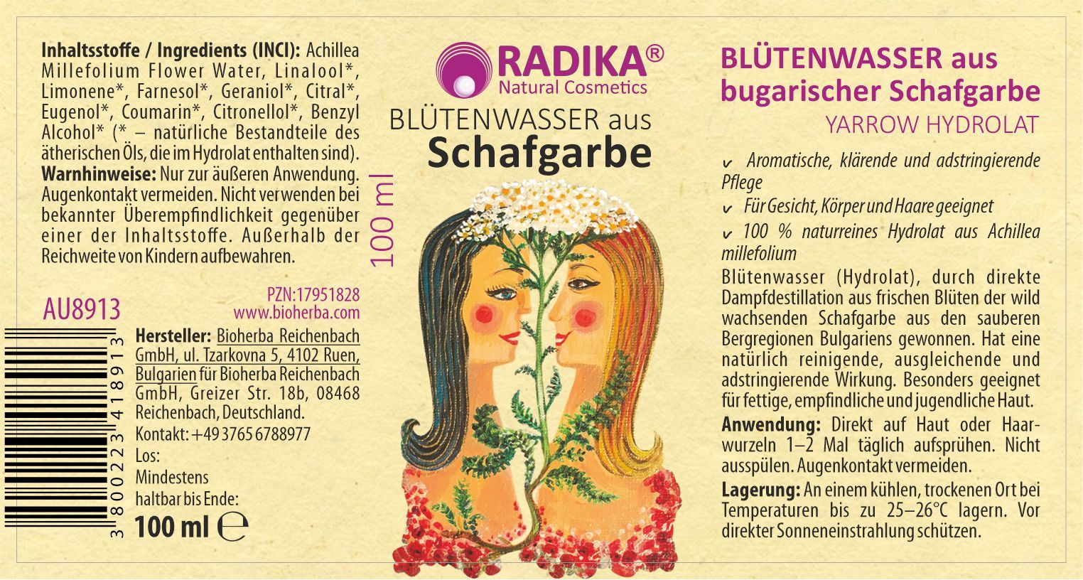 Etikett mit Produktbezeichnung, Inhaltsstoffen und Illustration zweier Frauen. 100 ml.