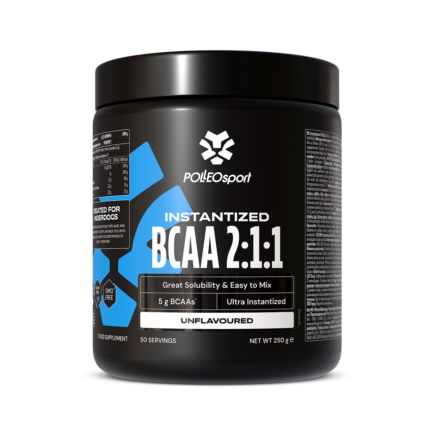Schwarze Dose mit weißem Logo. Aufschrift: Instantized BCAA 2:1:1. Enthält 5g BCAA. "Unflavoured". 50 Portionen. Nettogewicht 250g.