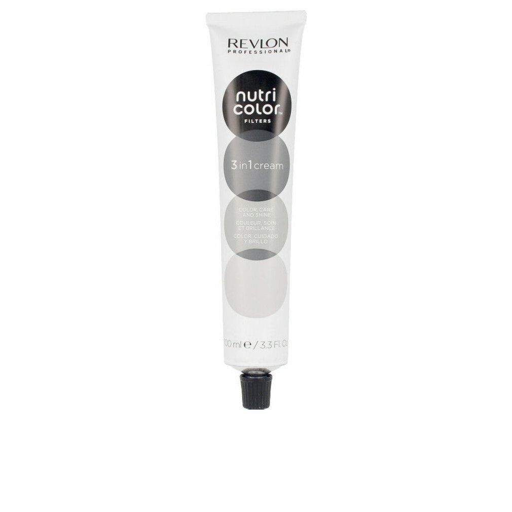 Weiße Tube mit schwarzem Verschluss. Aufschrift: Revlon Nutri Color Filters 3in1 Cream. 100ml/3.3 Fl Oz.