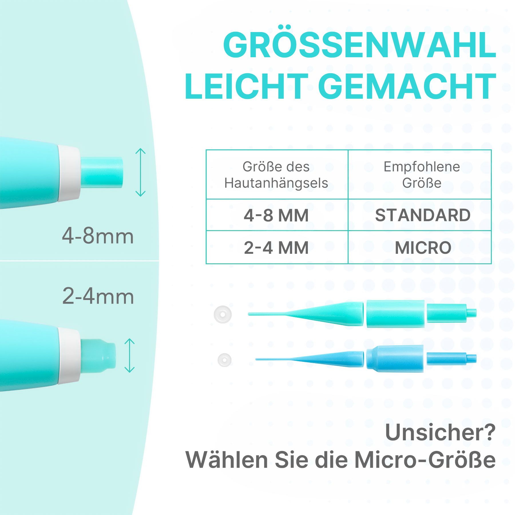 Größenwahl leicht gemacht: Tabelle zeigt Hautanhängselgrößen 4-8mm für Standard und 2-4mm für Micro. Zwei Aufsätze in Türkis und Blau.