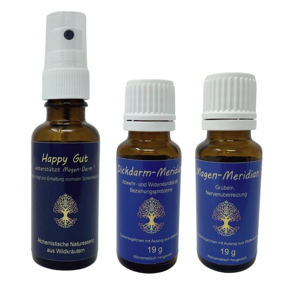 Drei Flaschen: eine Sprühflasche 'Happy Gut', zwei Tropfflaschen 'Dickdarm-Meridian' und 'Magen-Meridian'.
