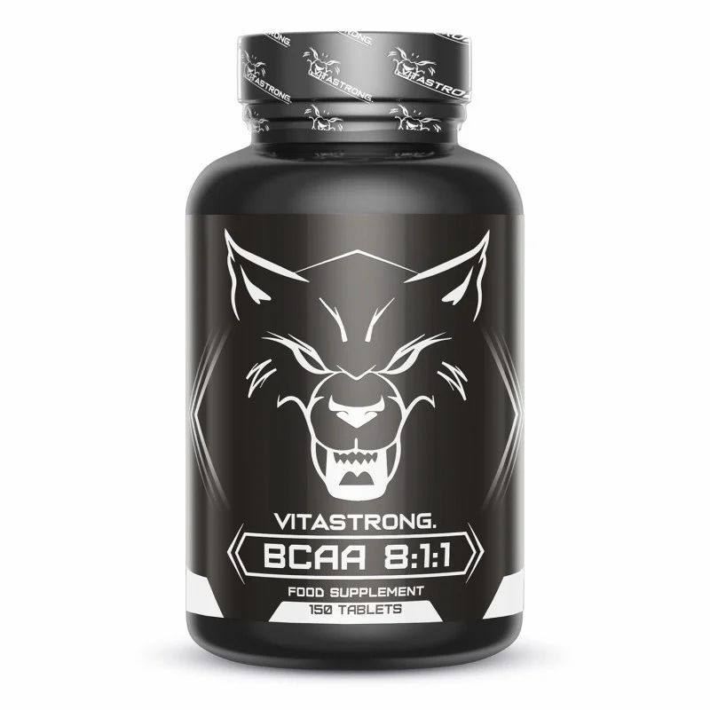 Schwarze Flasche mit Vitastrong BCAA 8:1:1. 150 Tabletten. Wolf-Logo. Nahrungsergänzungsmittel.