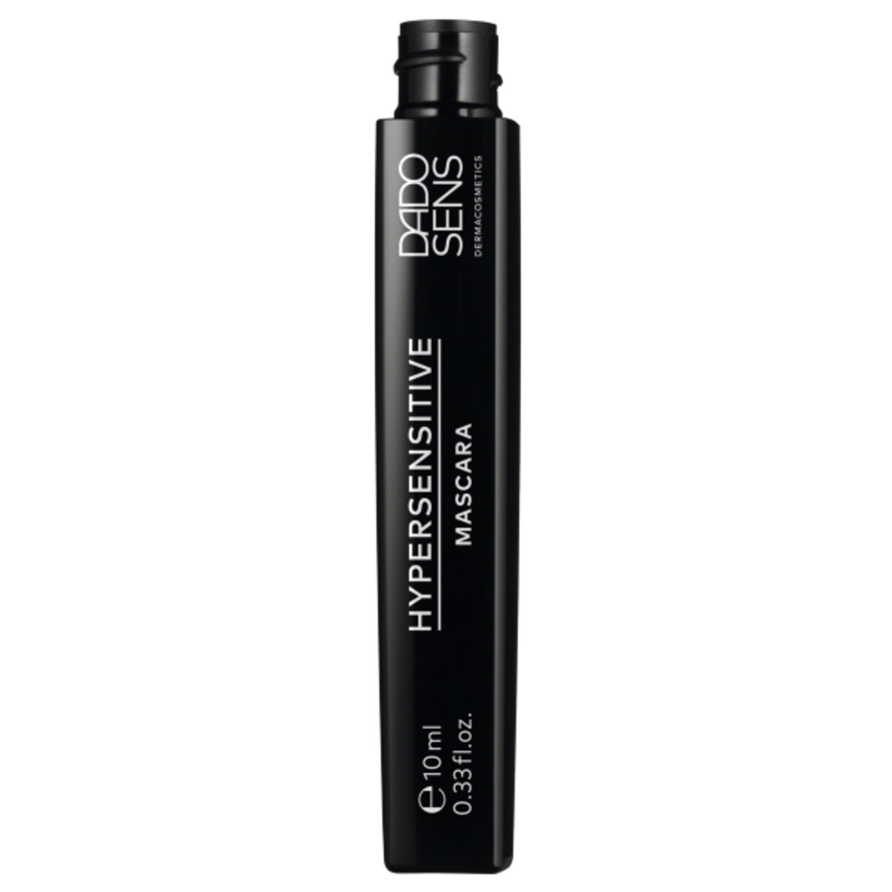 Schwarze Mascaratube mit Produkttext: Hypersensitive Mascara, Dado Sens. Volumen: 10 ml.