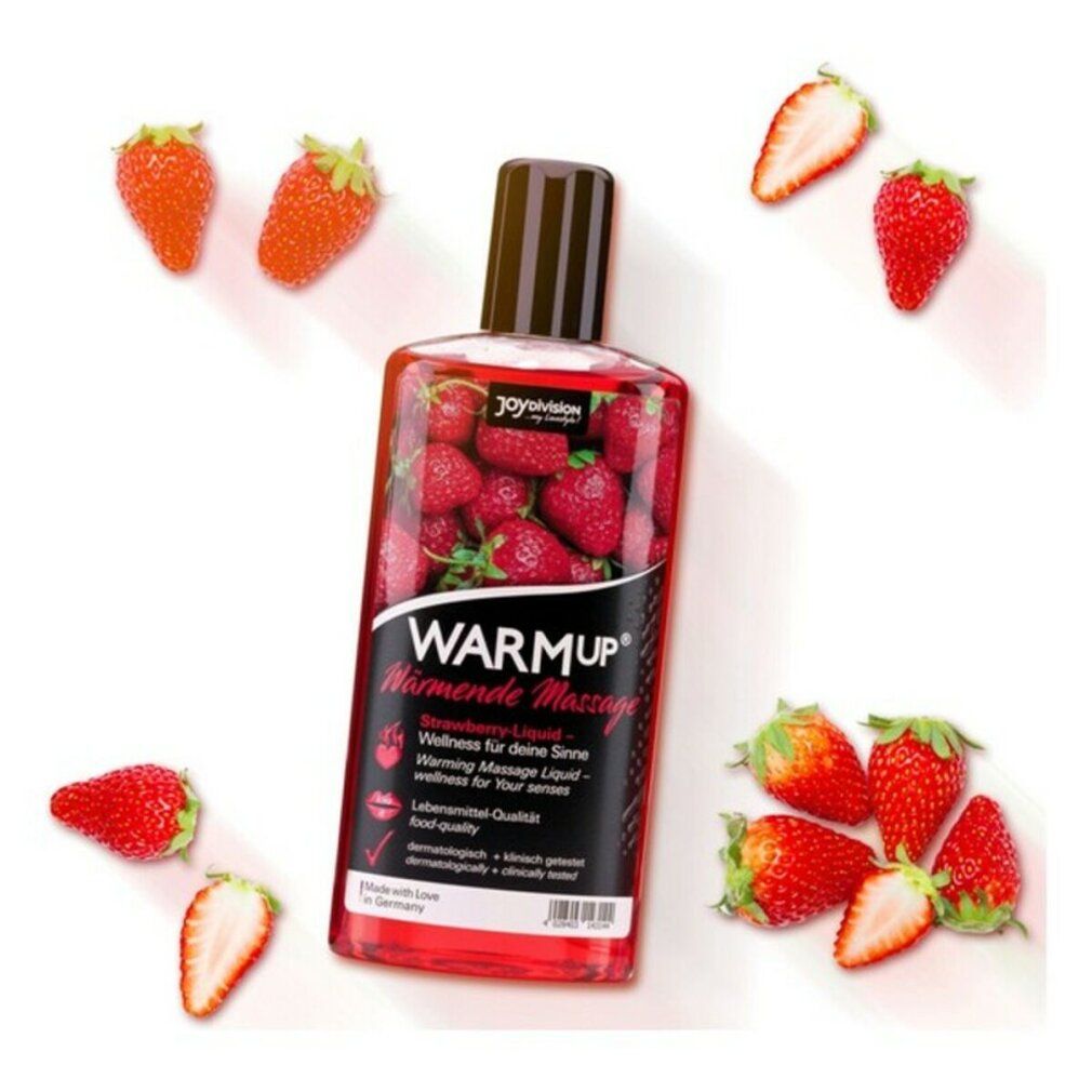 Flasche mit roter Flüssigkeit und Erdbeeren. Schwarzer Deckel. Aufschrift: WARMUP® Wärmende Massage.