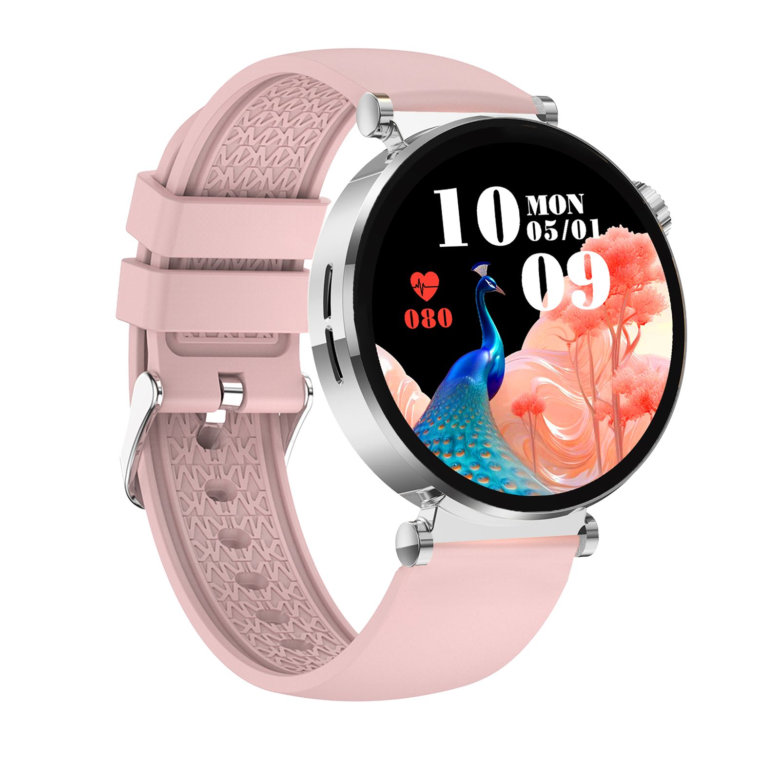 Rosafarbene Smartwatch mit rundem Zifferblatt. Anzeige: Datum, Uhrzeit, Herzfrequenz. Silberfarbenes Gehäuse, rosa Armband.