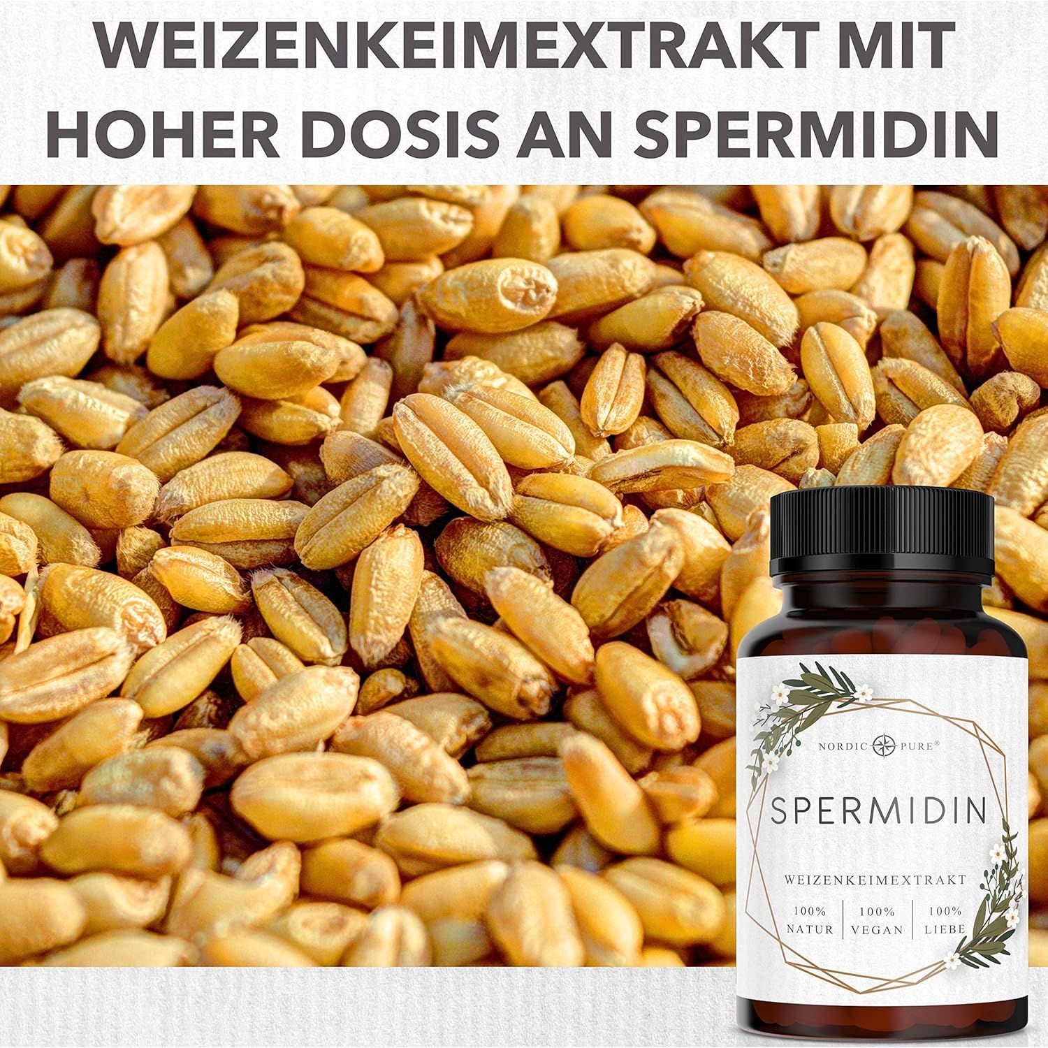 Braune Flasche mit schwarzen Deckel. Aufschrift: Spermidin, Weizenkeimextrakt. Weizenkörner im Hintergrund.