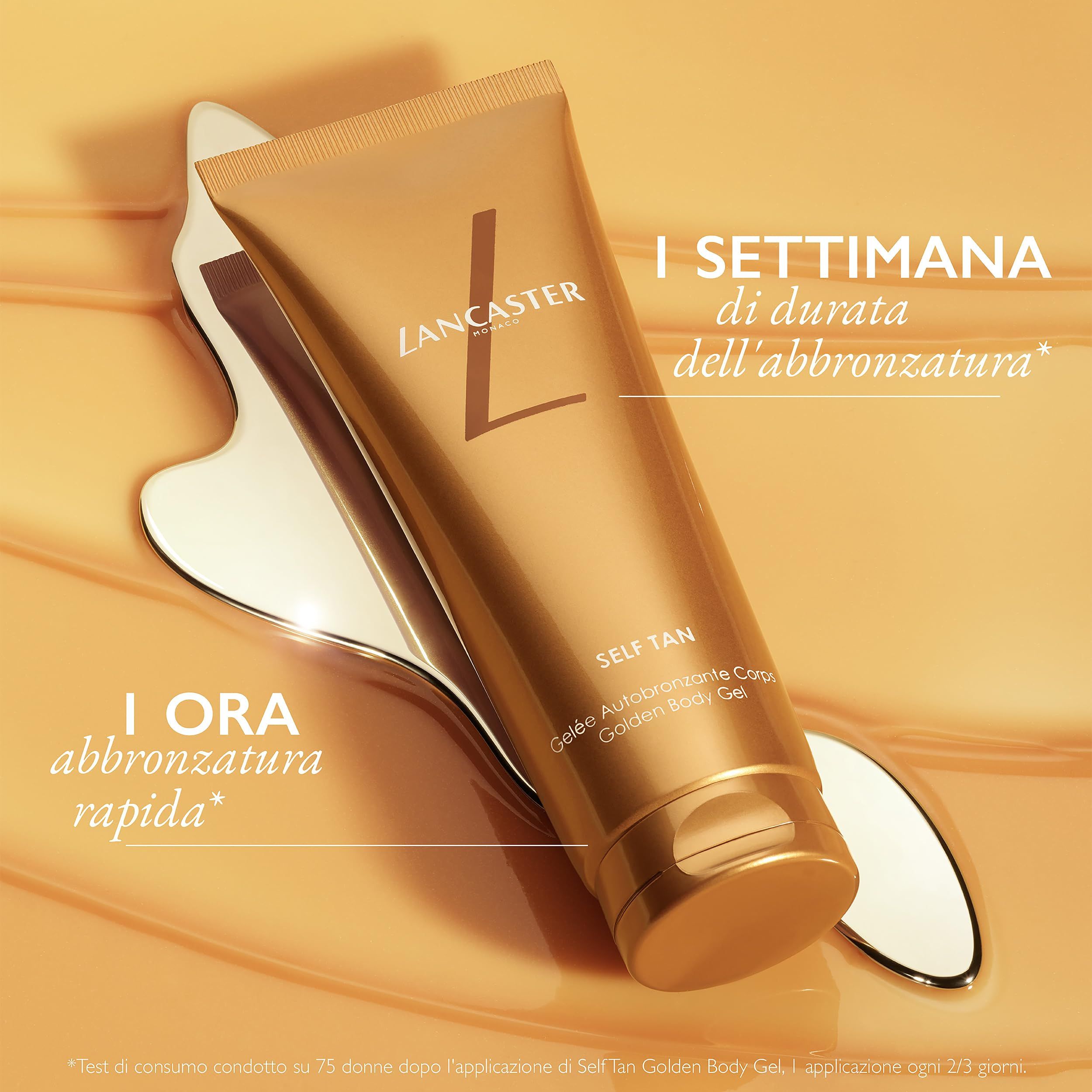 Goldfarbene Tube mit Lancaster-Logo und Aufschrift SELF TAN. Gelée Autobronzante Corps Golden Body Gel. Auf glänzender Oberfläche.