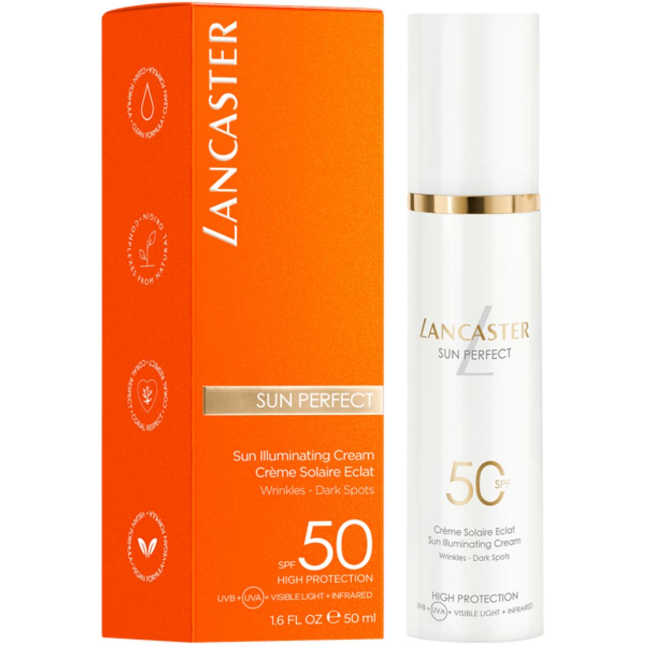 Lancaster Sun Perfect Illuminating Cream SPF50 Spenderflasche neben orangefarbener Faltschachtel.