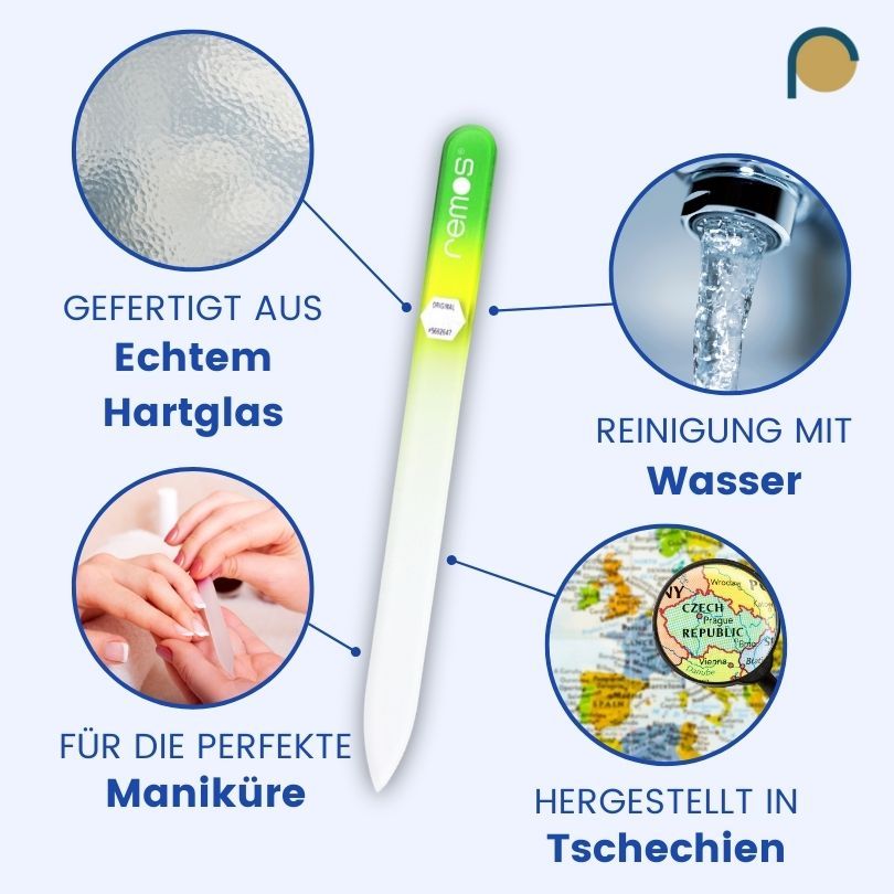 Glasnagelfeile, beidseitig, mit Text. Gefertigt aus Echtglas. Reinigung mit Wasser. Hergestellt in Tschechien.