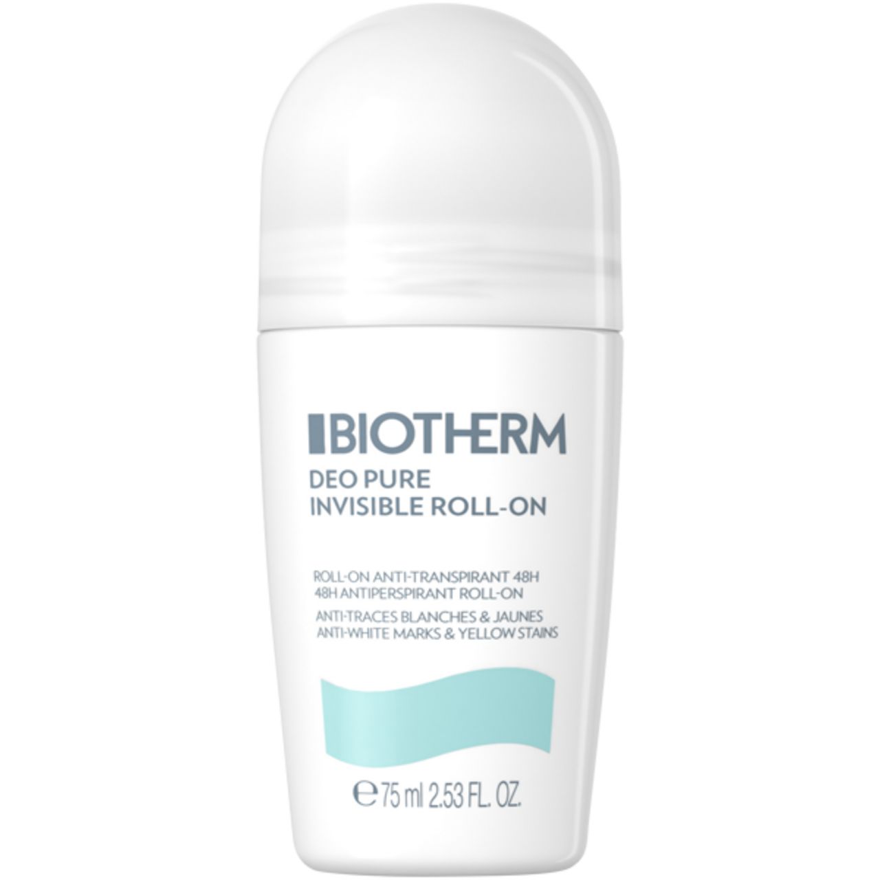 BIOTHERM Deo Pure Invisible Roll-On. Weißer Roll-On-Deo-Behälter. Text: 48H, Anti-Flecken, Anti-Gelb.