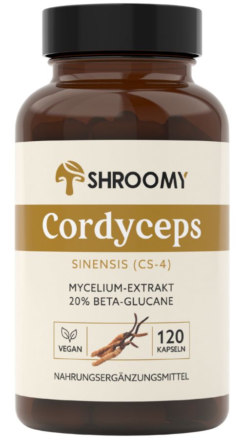 Braune Flasche mit weißem Etikett. Aufschrift: SHROOMY Cordyceps, Sinensis (CS-4), Mycelium-Extrakt, 20% Beta-Glucane. 120 Kapseln. Vegan.