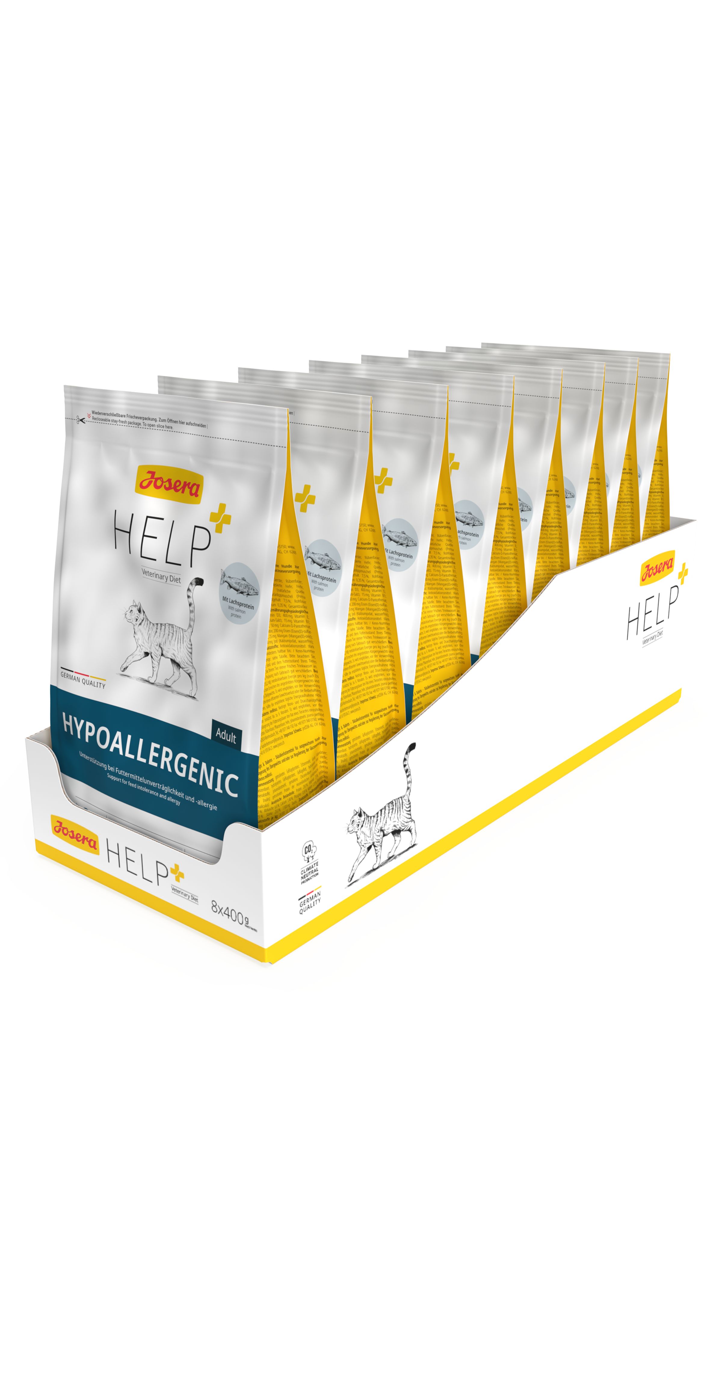 Packung mit 8 Beuteln Josera Help Hypoallergenic Katzenfutter, 400g pro Beutel.