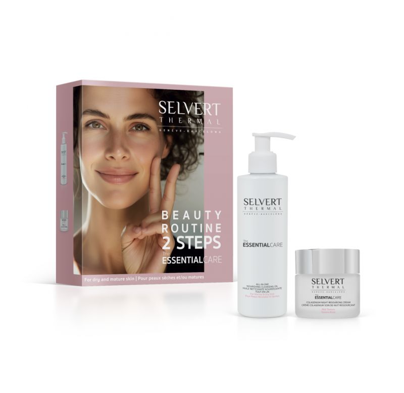 Set für reife und trockene Haut. Enthält eine Box und zwei weiße Flaschen mit Selvert Thermal-Logo. Aufschrift: Beauty Routine 2 Steps.