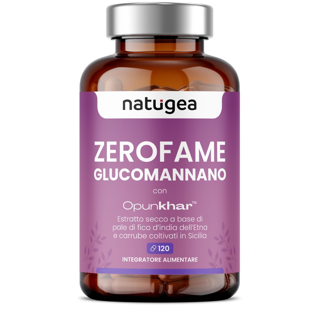 Flacone marrone con etichetta viola. Testo: ZEROFAME, GLUCOMANANNO, natugea®. Contiene Opunkhar™.