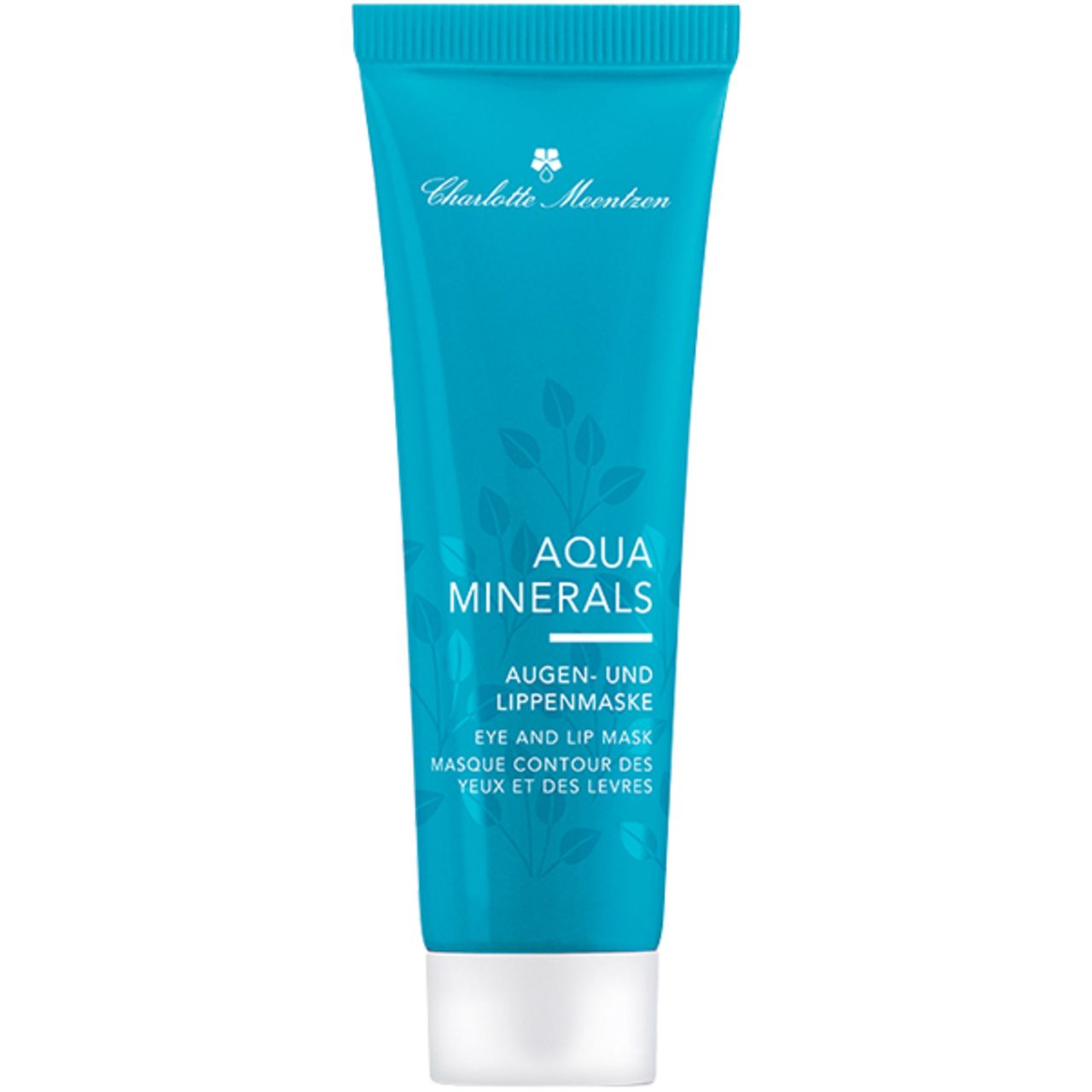 Türkisfarbene Tube mit weißem Verschluss. Aufschrift: Charlotte Meentzen, Aqua Minerals, Augen- und Lippenmaske. Blätter-Dekor.