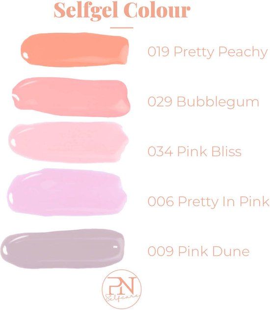 Farbpalette PN Selfgel Colour. Verschiedene Rosatöne. Aufschrift: 006 Pretty In Pink. PN Selfcare Logo.